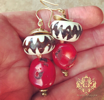 Aimee Fuller Red Coral Coin Earrings Silver or Gold Batik Bone Beads Black White