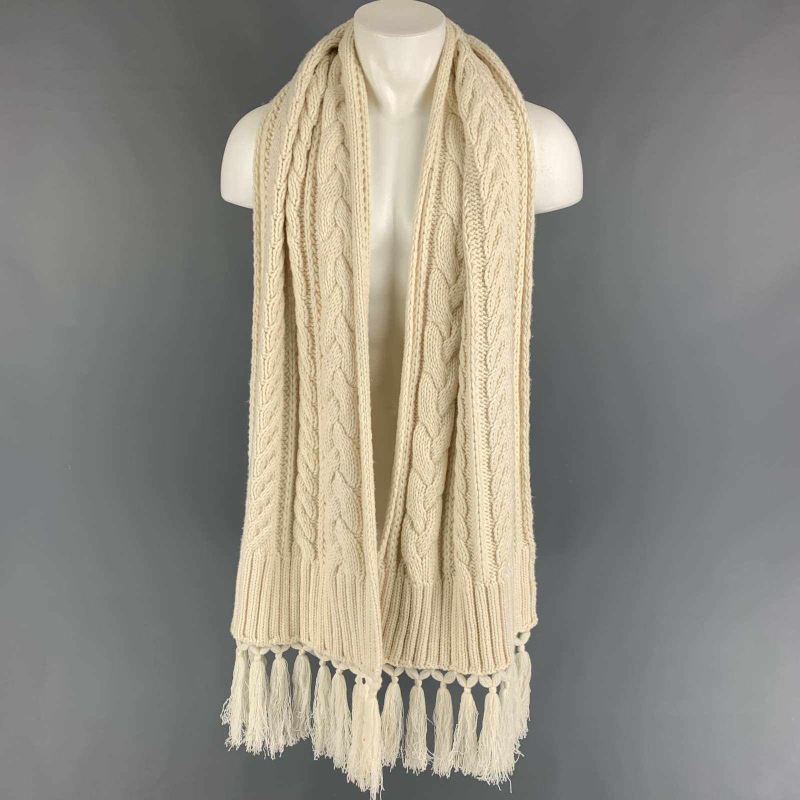 BURBERRY Cream Cable Knit Wool Cashmere Tassel Fringe Scarf eBay