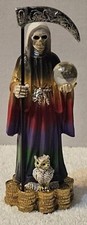 GRIM REAPER SANTA MUERTE OWL MONEY COIN BALL SCYTHE FANTASY FIGURINE STATUE #3