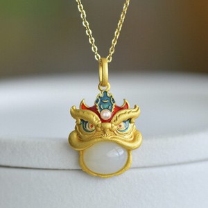 Authentic White Natural Jade Lion Pendant Necklace 18K Gold Plated Amulet Real Jewelry