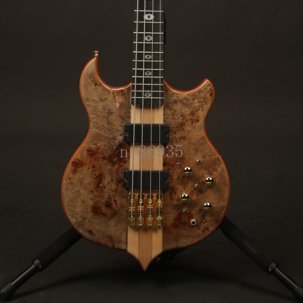 4 String Electric Bass Guitar Burl Top Neck Thru Body Active Pickups Fast Ship