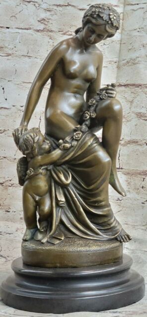 Enorme Nude Lady Con Angelo Cherubino Bronzo Statua Scultura Statuina Art No