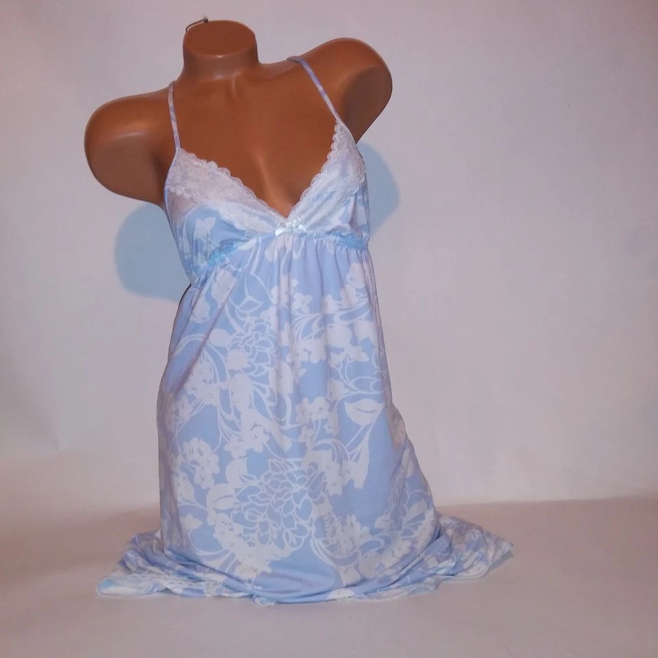 Apt 9 Lencería Chemise Slip Pequeña Azul Blanco Floral Alto Bajo Encaje Borde Inalámbrico Foto 2 de 4