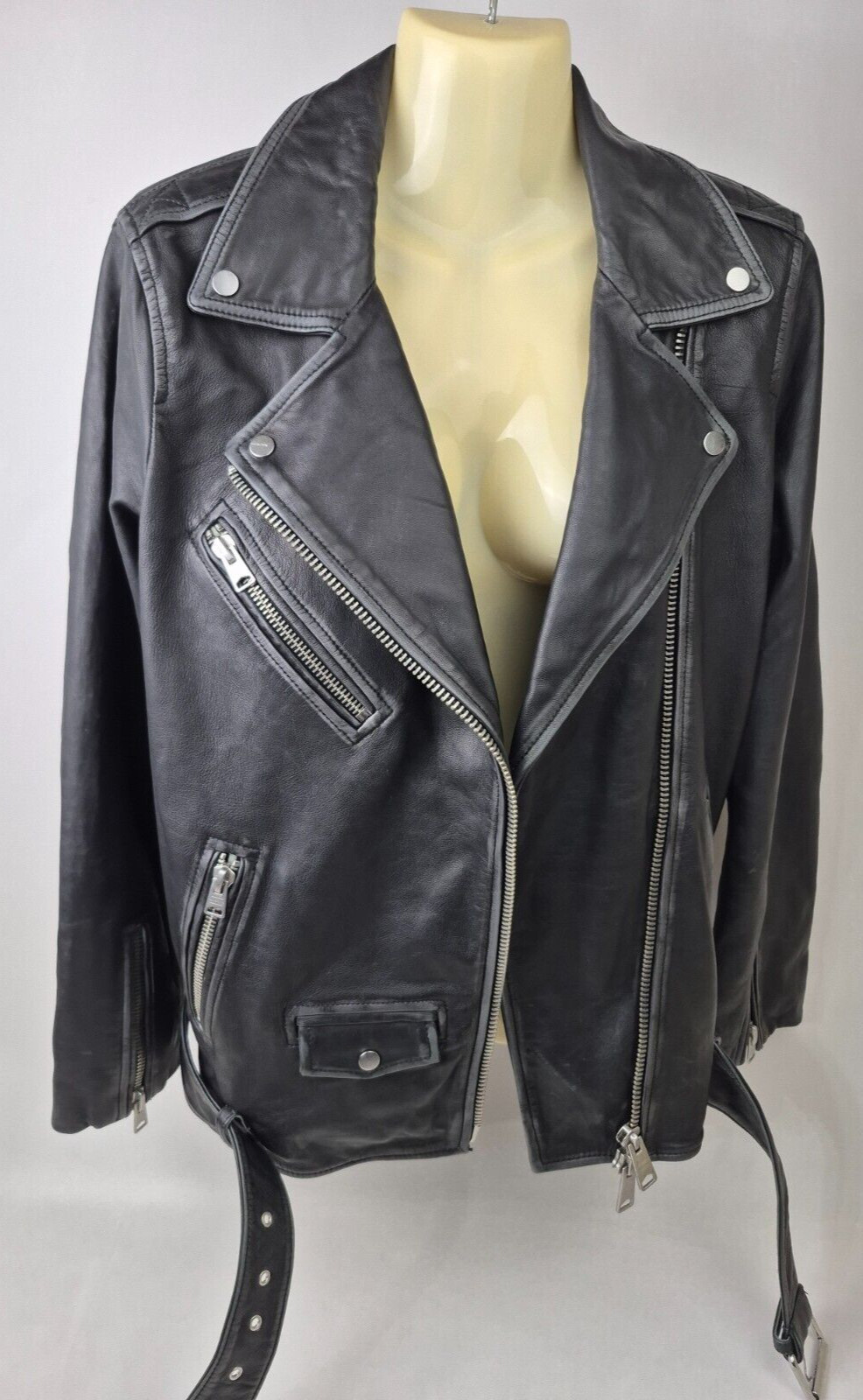 AllSaints Billie Oversize Black Leather Biker Jacket Small image 3