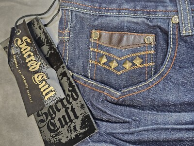 New Sacred Cult Mens Blue Jeans Size 38×33Distressed  studded back pockets NWT