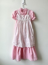 Vintage 3t 4t Dress 70s Pink Gingham Plaid Maxi Eyelet Lace Apron Easter VGUC