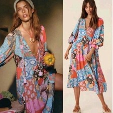 Spell & The Gypsy Cha Cha Boho Midi Dress Patchwork button down puff sleeves Exc