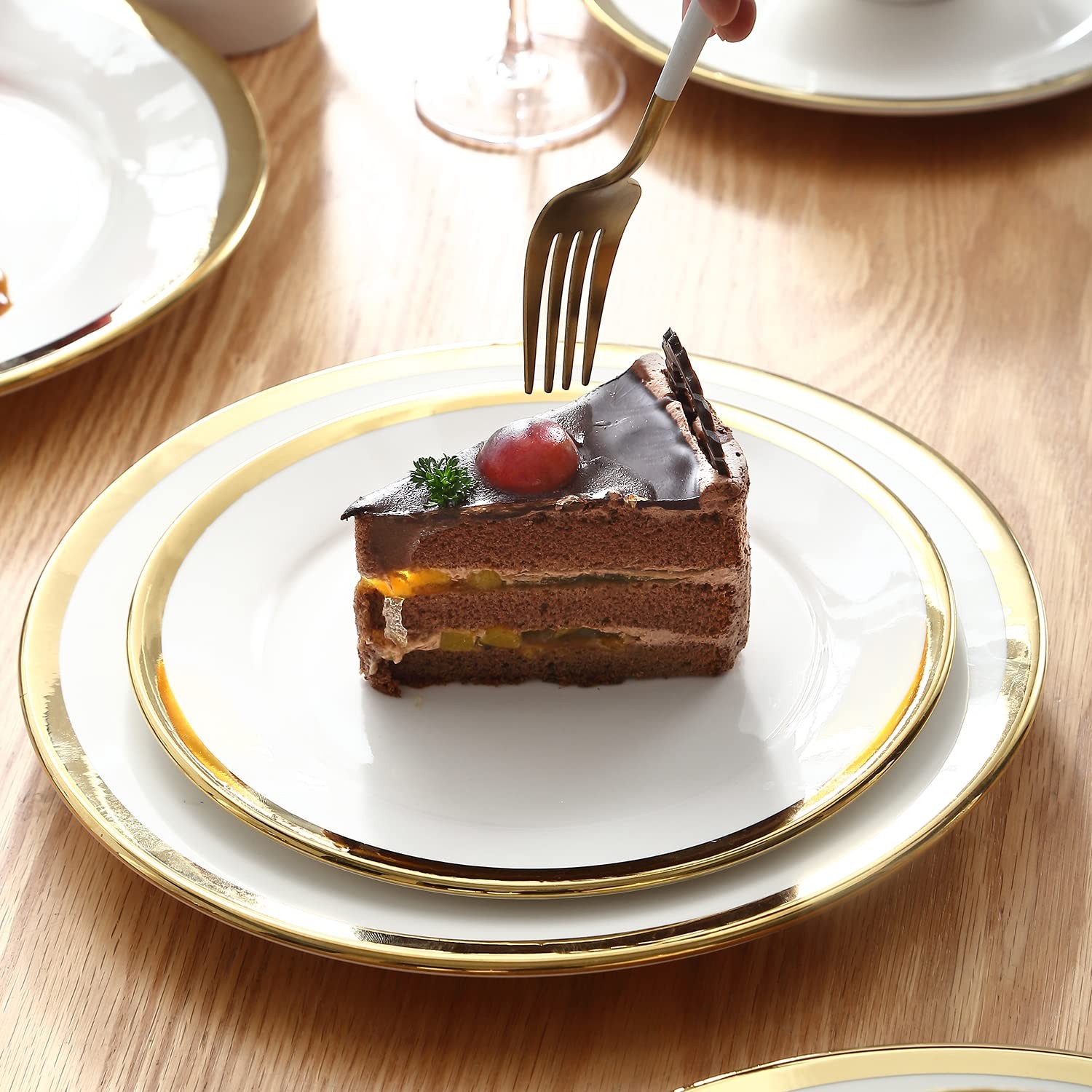 6-Piece Dessert Plates Set, 8" White Ceramic Gold Trim, Appetizer, Salad, Snack