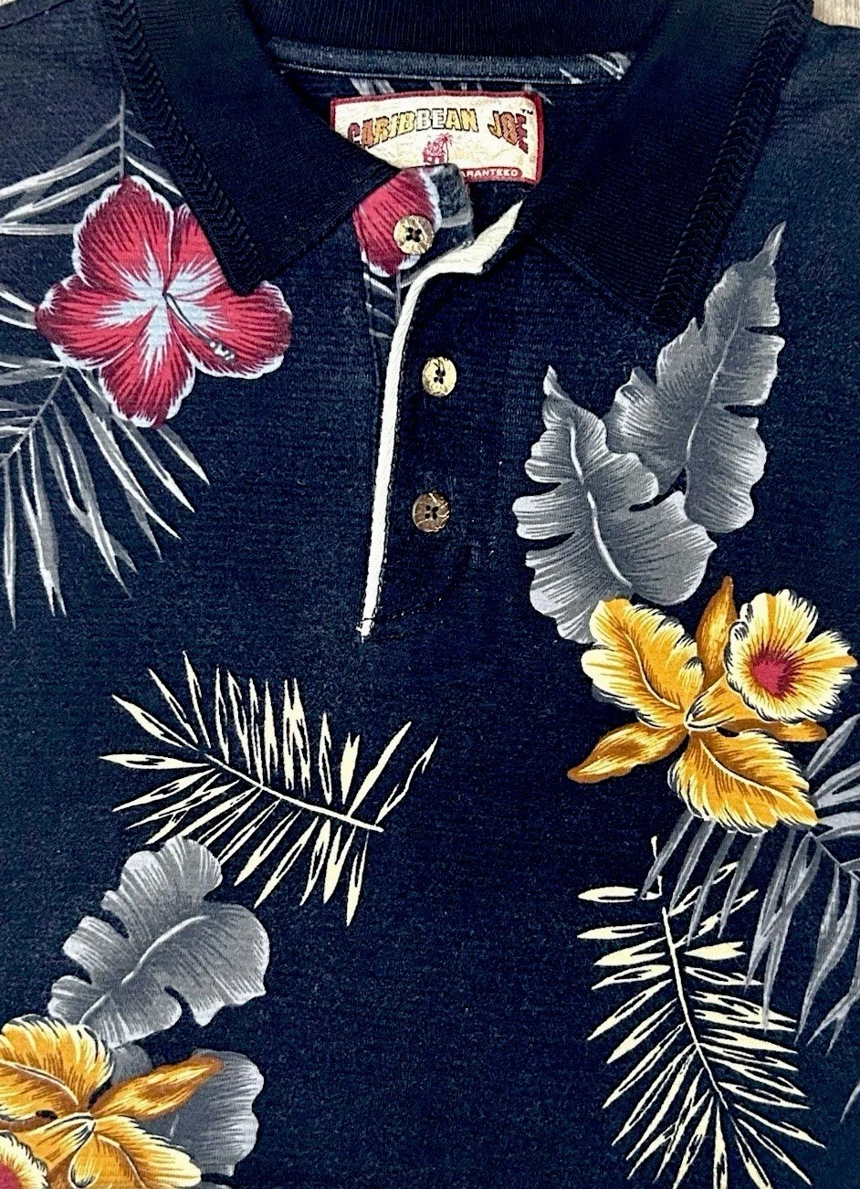 Caribbean Joe Aloha Shirt Mens Large Black Floral Tropical Camp Casual