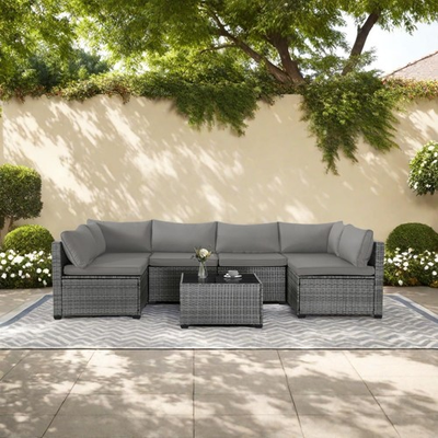 #ad MOCHITO 7 Piece Outdoor Rattan Sectional Sofa Patio Furniture Set Gray Cushion $399.99