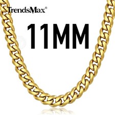 11mm Wide Curb Cuban Link Gold Necklace Stainless Steel Men's Chain 18"-26"
