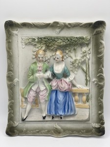 VNTG Porcelain Relief Wall Plaque With Courting Couple Scene Occupied Japan