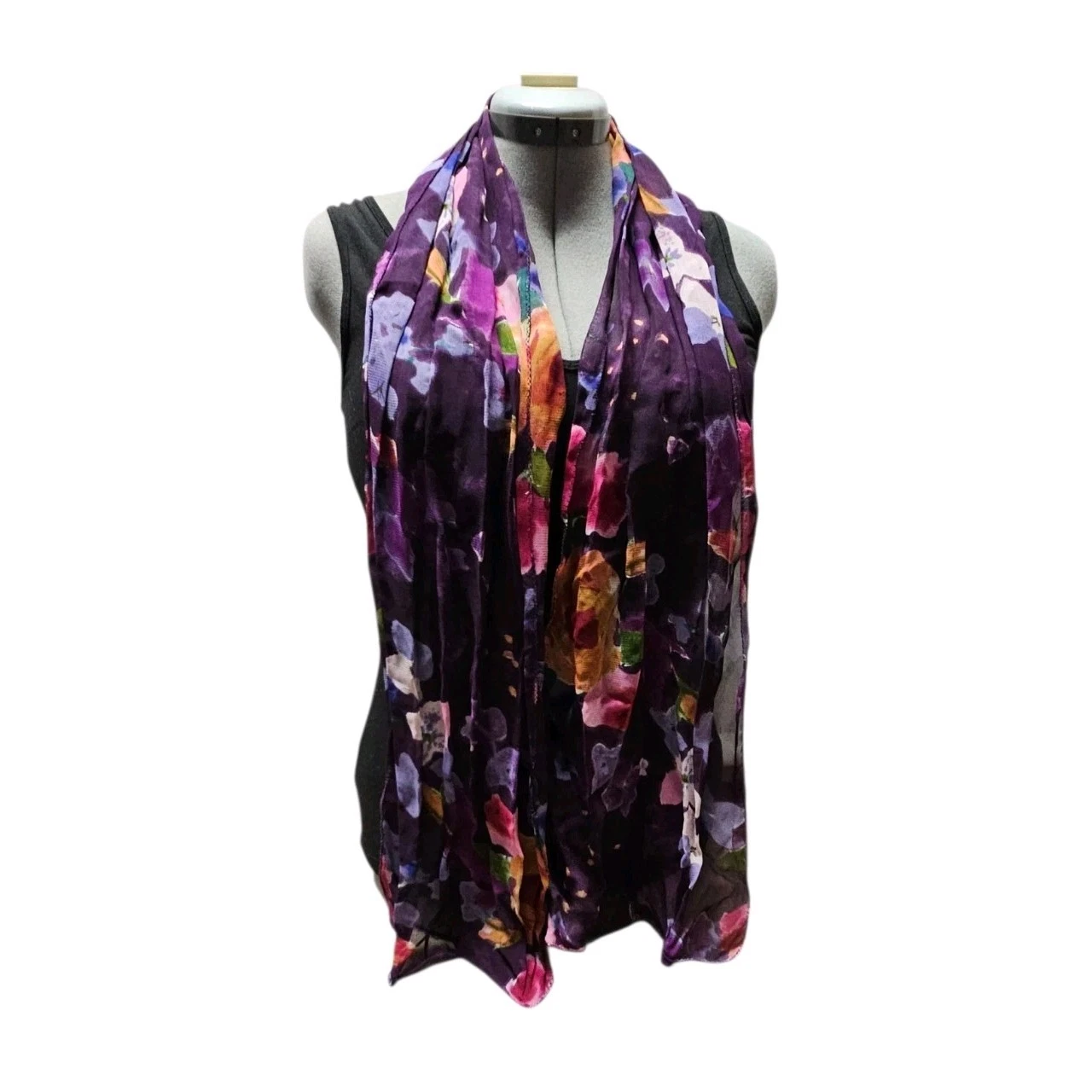 Vtg Lightweight Purple Floral Chiffon Scarf Polyester Sheer Oblong Shawl 14x64"