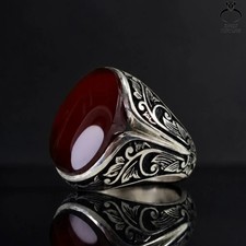 Fine Red Aqeeq Ring 925 Sterling Silver Yemeni Agate Handmade Jewelry