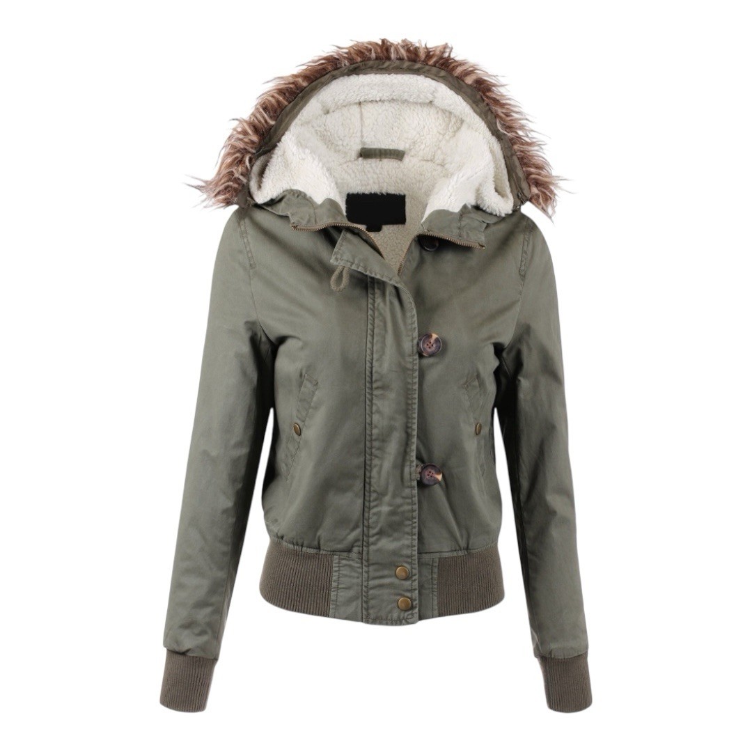 Ambiance Apparel Y2K Fitted Olive Green Bomber Jacket with Faux Fur Hood –Size S