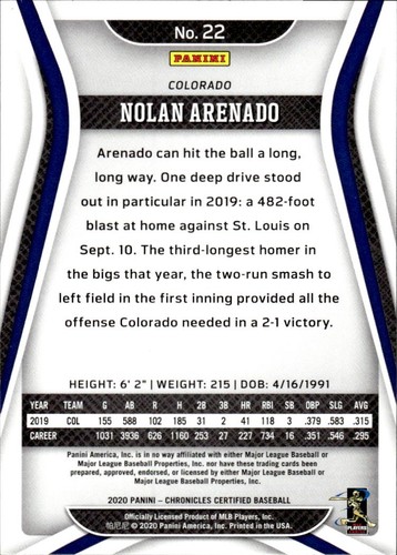 Nolan Arenado 2020 Panini Chronicles #22 Certified Colorado Rockies - Bild 2 von 2
