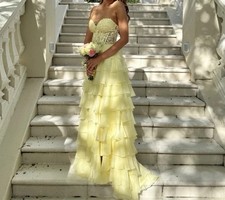 000 Sherri Hill Yellow Strapless Layered Long Ballgown Prom Dress