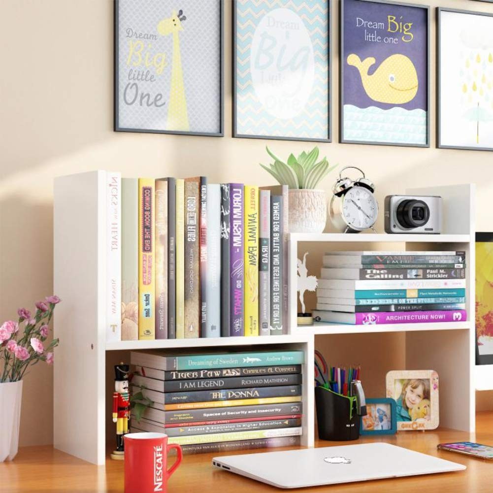 Expandable Desktop Bookshelf & Desk Organizer Shelf - Wooden Table Top Storag...