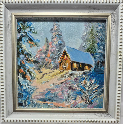 original oil painting in a frame. winter landscape cottage in the forest. 4х4
