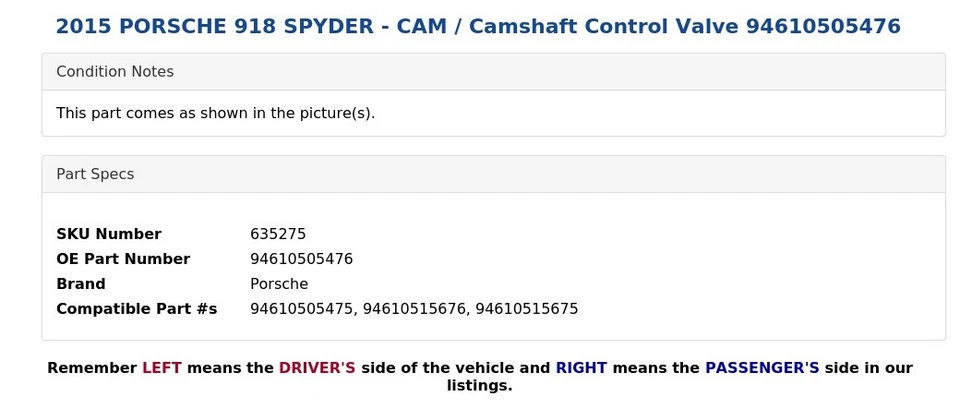 2015 PORSCHE 918 SPYDER - CAM / Válvula de controle de eixo de comando 94610505476 - Imagem 3 de 4
