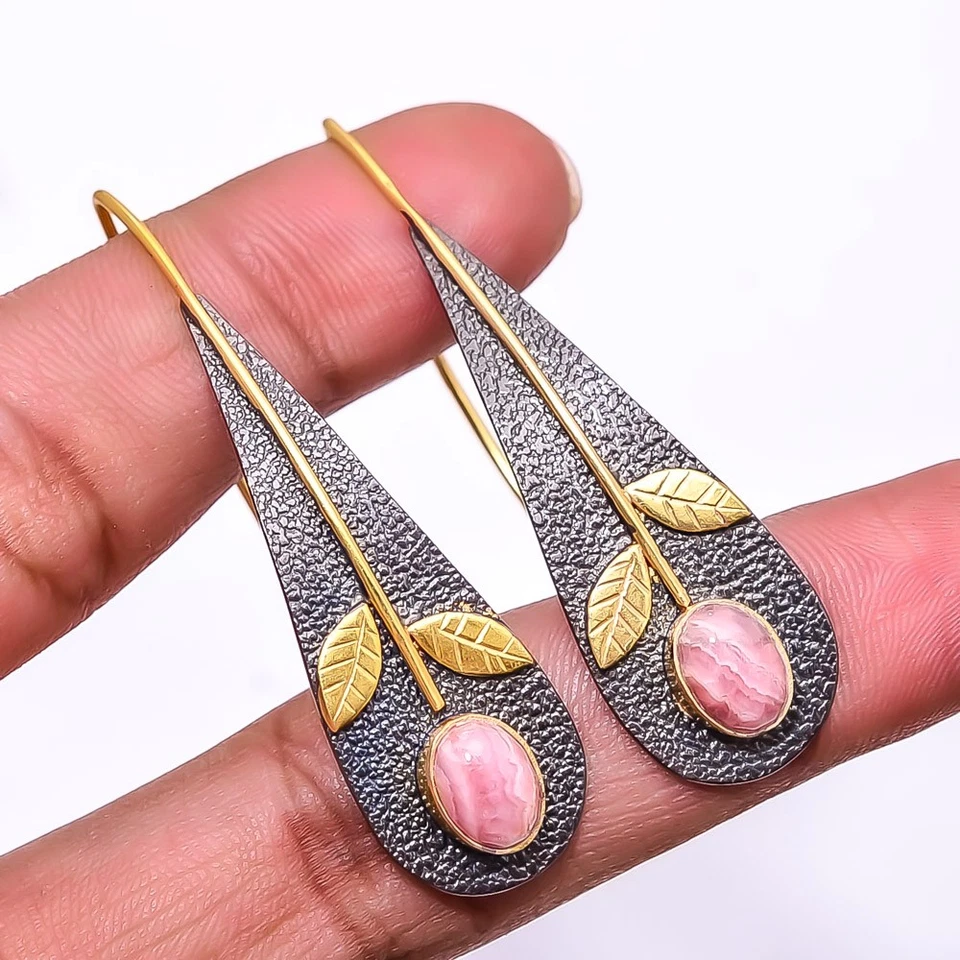 Rhodochrosite - Argentina 925 Silver Black & Gold Plated Earring 2.15" E52 - Image 4 of 4