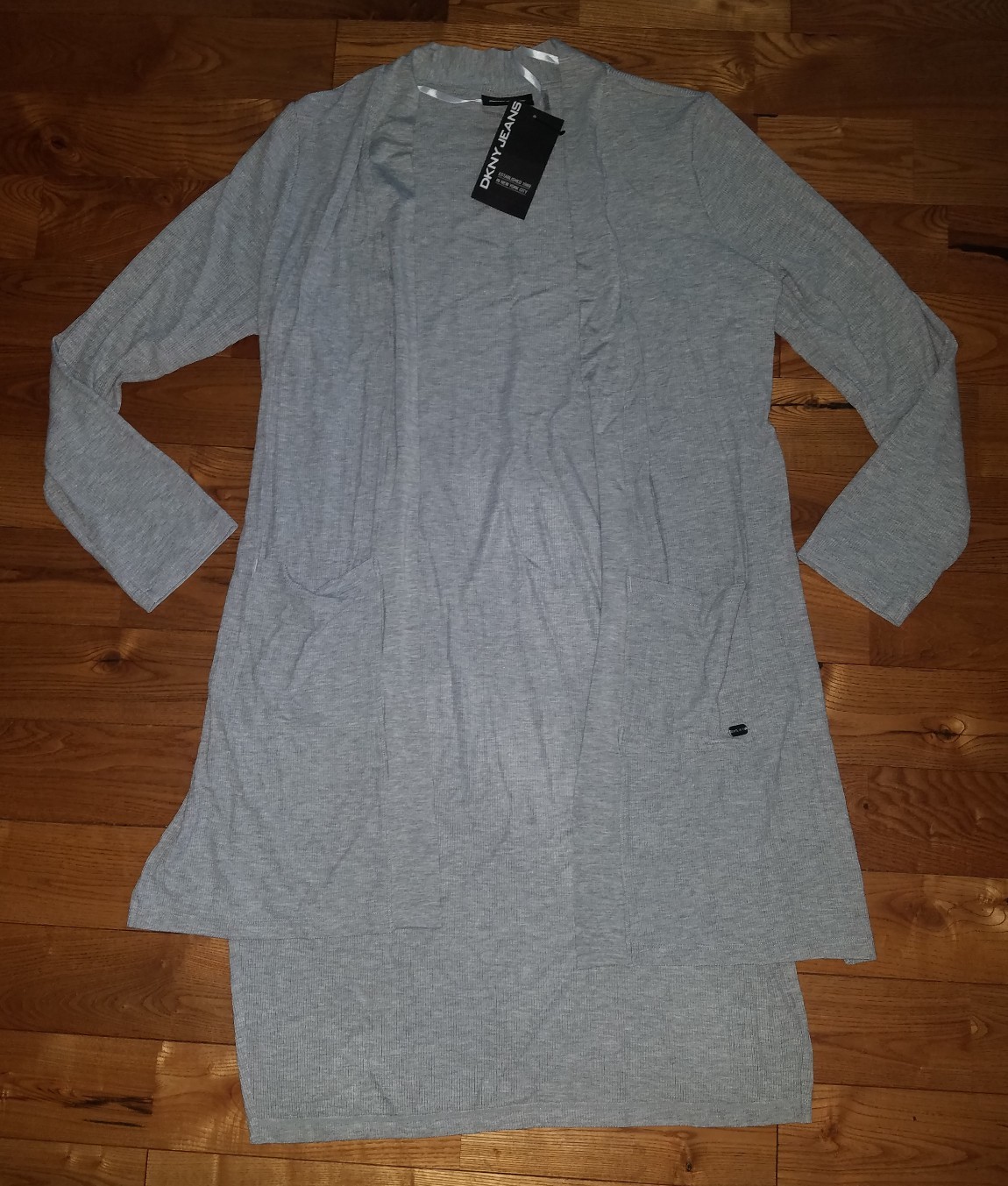 NWT Women's Grey DKNY Ribbed Open Front Stretchy Light Weight Cardigan Size L NWT Women's Grey DKNY Ribbed Open Front Stretchy Light Weight Cardigan Size L