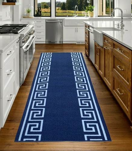 Custom Size Hallway Runner Greek Key Design Blue-White 26"&31"By Your Length - Picture 2 of 6