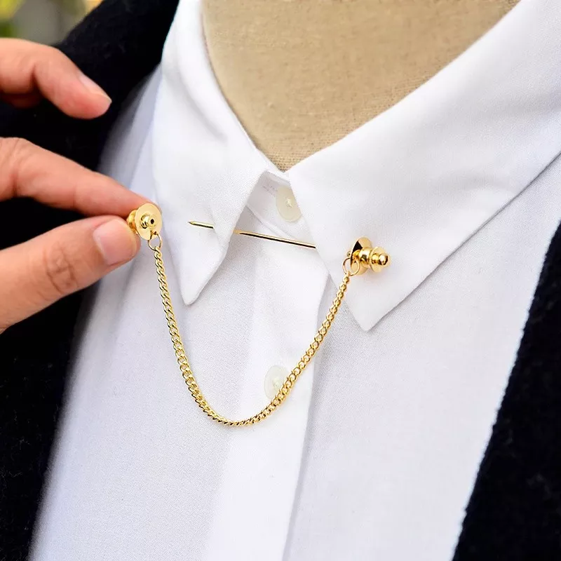 Men Silver Gold Shirt Collar Clip Bar Lapel Pin Chain Tie Brooch Necktie  Stick | eBay