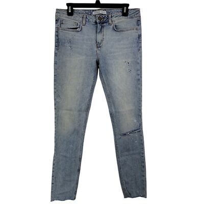 Zara Z1975 Denim Light Wash Distressed Paint Splatter Raw Hem Jeans Size 6