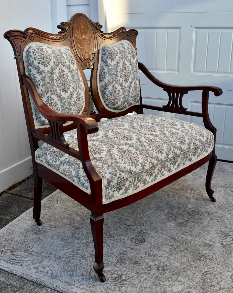 Antique Edwardian Style Inlaid Mahogany Settee w/Floral Fabric - Image 3 of 4