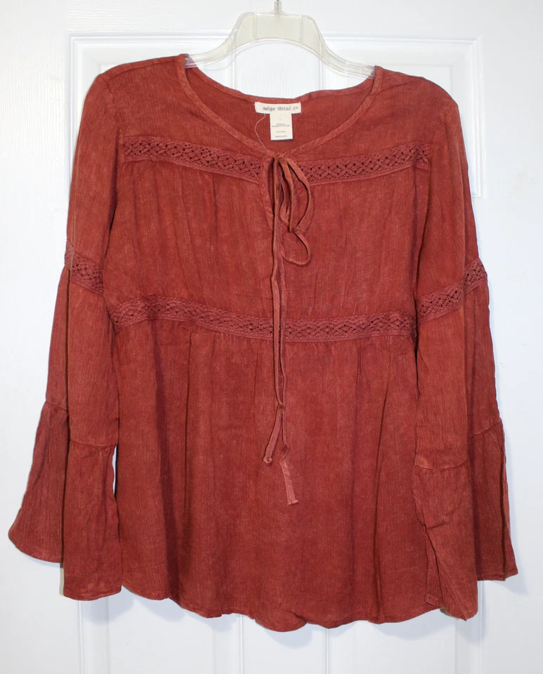 Blusa Top Indigo Thread para Mujer XL Borgoña BOHO Arrugada Nueva Sin Etiquetas