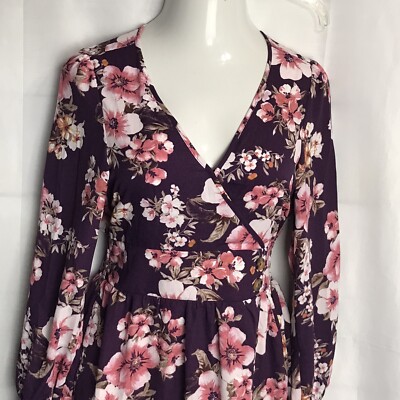 xhilaration dress purple Xhilaration Women's Purple Striped Long Sleeve V-Neck Wrap Dress Size S  Boho