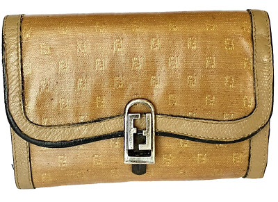 VINTAGE FENDI SAS ZUCCA MONOGRAM LEATHER BEIGE ight BROWN  WALLET MADE ITALY