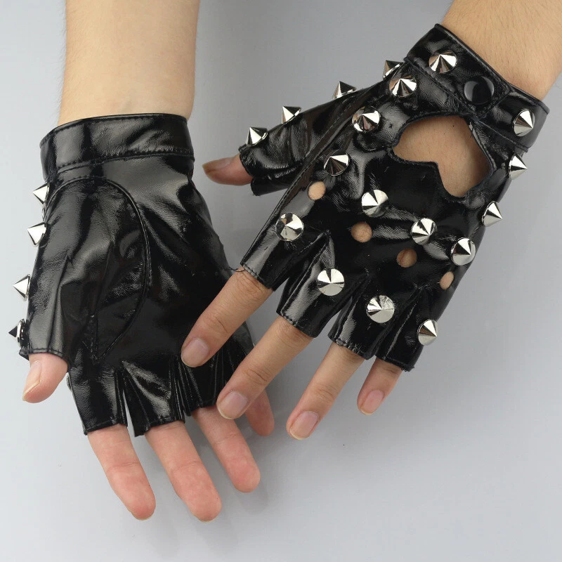 Gloves Half Finger Stud Rivet Punk Gothic Chic Women Faux Leather Fingerless - Image 3 of 4