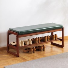 Solid Wood Bench, Entryway Shoe Bench with Cushion, 2 Tier Shoe Storage Organ...