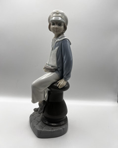 Lladro Porcelain Boy Figurine Seated on Post Blue Gray Black Spain Vintage