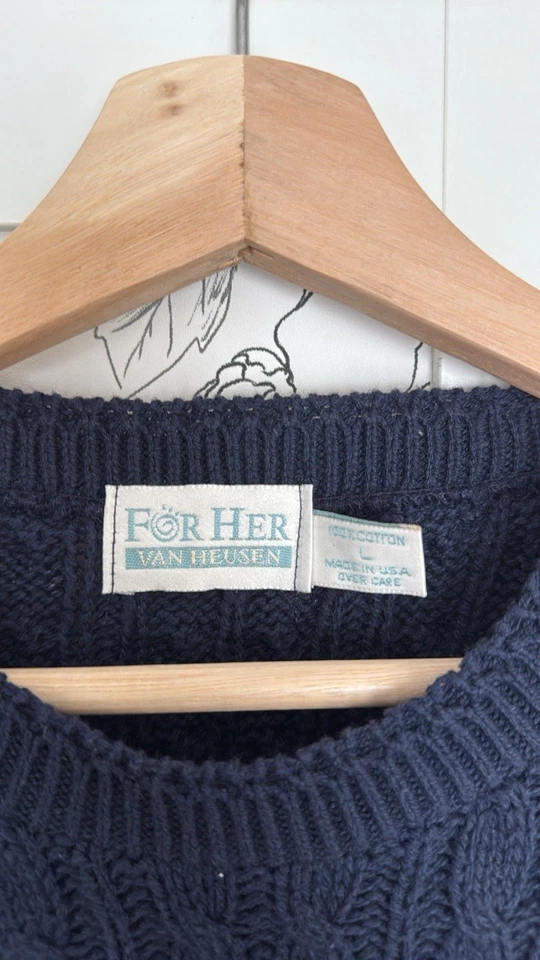 Suéter Pescador Vintage Van Heusen Para Mujer Tejido por Cable Algodón Crew Nexk Talla L Foto 3 de 4