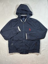 Vtg Polo Ralph Lauren Hooded Windbreaker Youth Large Blue Big Pony Full Zip
