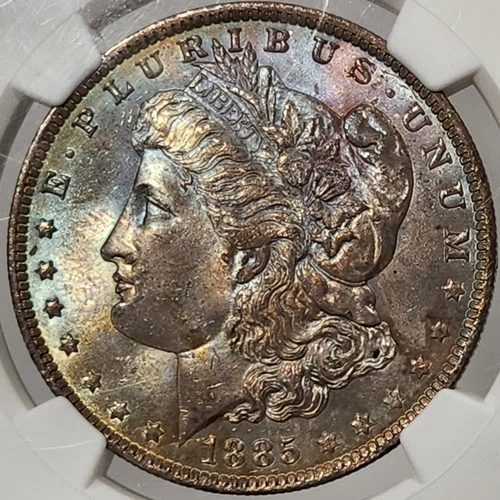 1885-O $1 Morgan Dollar NGC MS65 Dual Sided Rainbow Toned