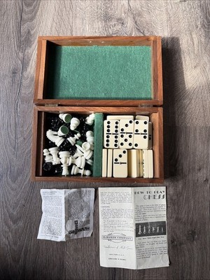 Vintage Chess And CAMBOR Dominos Set-H. Baron Co. NY Wood Storage Trinket Box