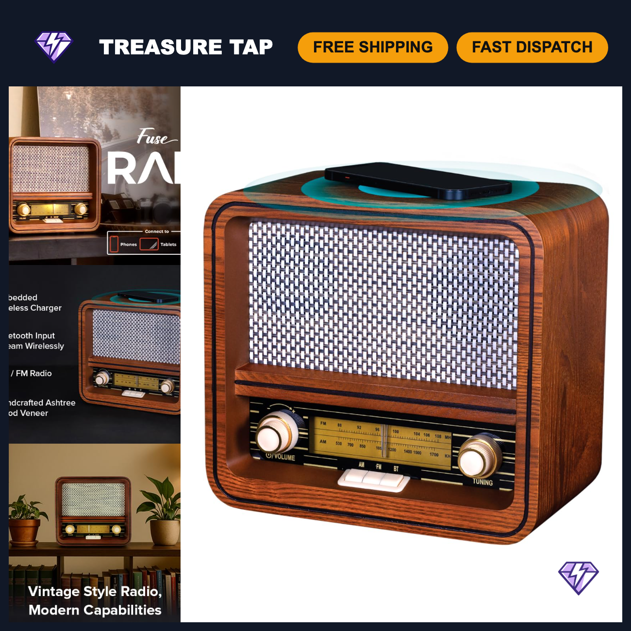 Vintage Wood Retro Radio - AM/FM Bluetooth, Wireless Charger & AUX ...