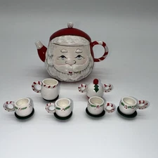 VTG Wood Mini Santa Christmas Teapot Set Sugar Bowl Creamer Tea Cups & Saucers