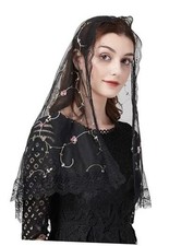 Lace Rose Flower Mantilla Chapel Veil Catholic Shawl Wrap Y018 Black