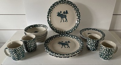 16 pc Tienshan Folkcraft MOOSE COUNTRY Green Sponge Plates Bowls Saucers Mugs
