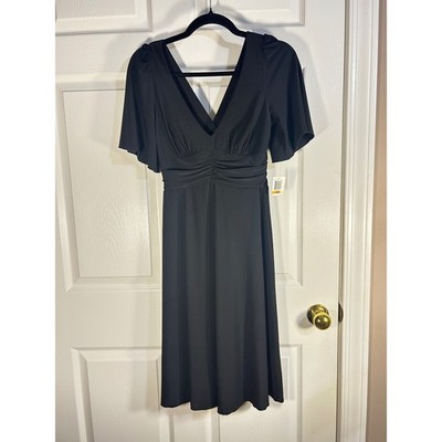 Intrigue Black V Neck Ruched Waist Flutter Sleeve Midi Dress Women's Small NEW