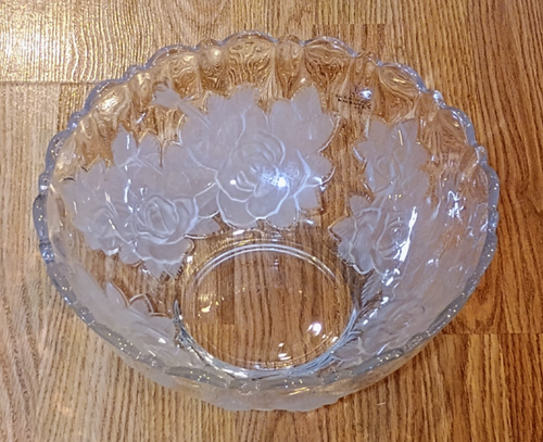 Home Beautiful Crystal Salad Bowl 12" Rose Pearls Japan Clear Roses