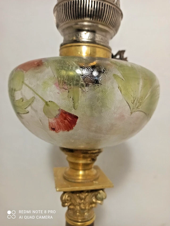 Grande Lampe à Pétrole verre fleuri,onyx et Bronze bec Matador - Photo 4/4