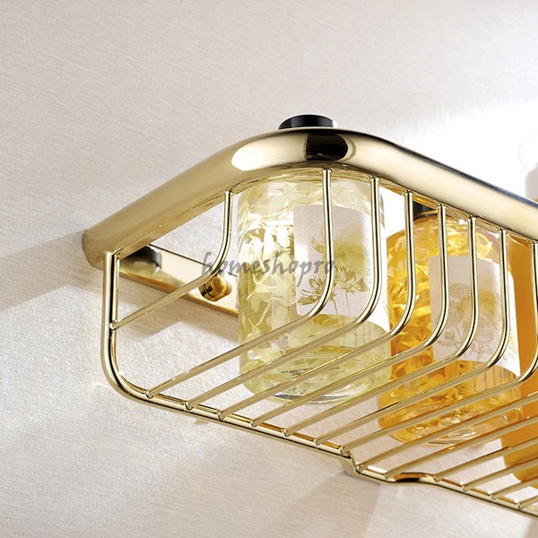 Carrito de ducha de baño de latón macizo dorado montado en la pared estante cesta de almacenamiento soporte Foto 3 de 4