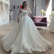 Luxury Glitter Wedding Dresses Lace Square Neck Full Sleeve Button Bridal Gowns