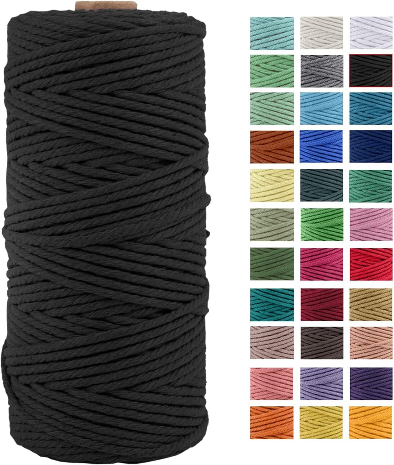 3mm x 109Yards Macrame Cord Thick Natural Cotton Rope, 4 Strand Black